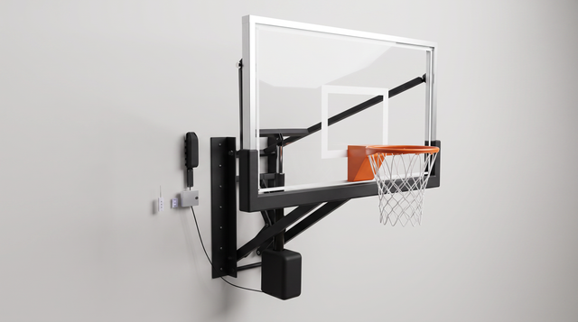 Gladiator battery powered adjustable wall-mounted basketball hoop with tempered glass backboard, motor housing on the arm, wall-mounted remote holder and stainless steel receiver box