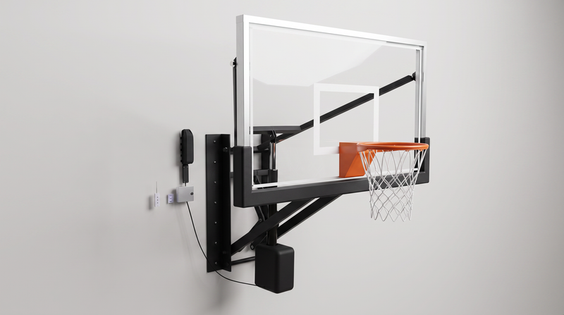 Gladiator battery powered adjustable wall-mounted basketball hoop with tempered glass backboard, motor housing on the arm, wall-mounted remote holder and stainless steel receiver box